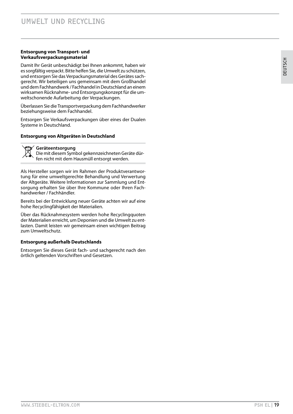 Umwelt und recycling | STIEBEL ELTRON PSH EL с 05.12.2011 User Manual | Page 19 / 100