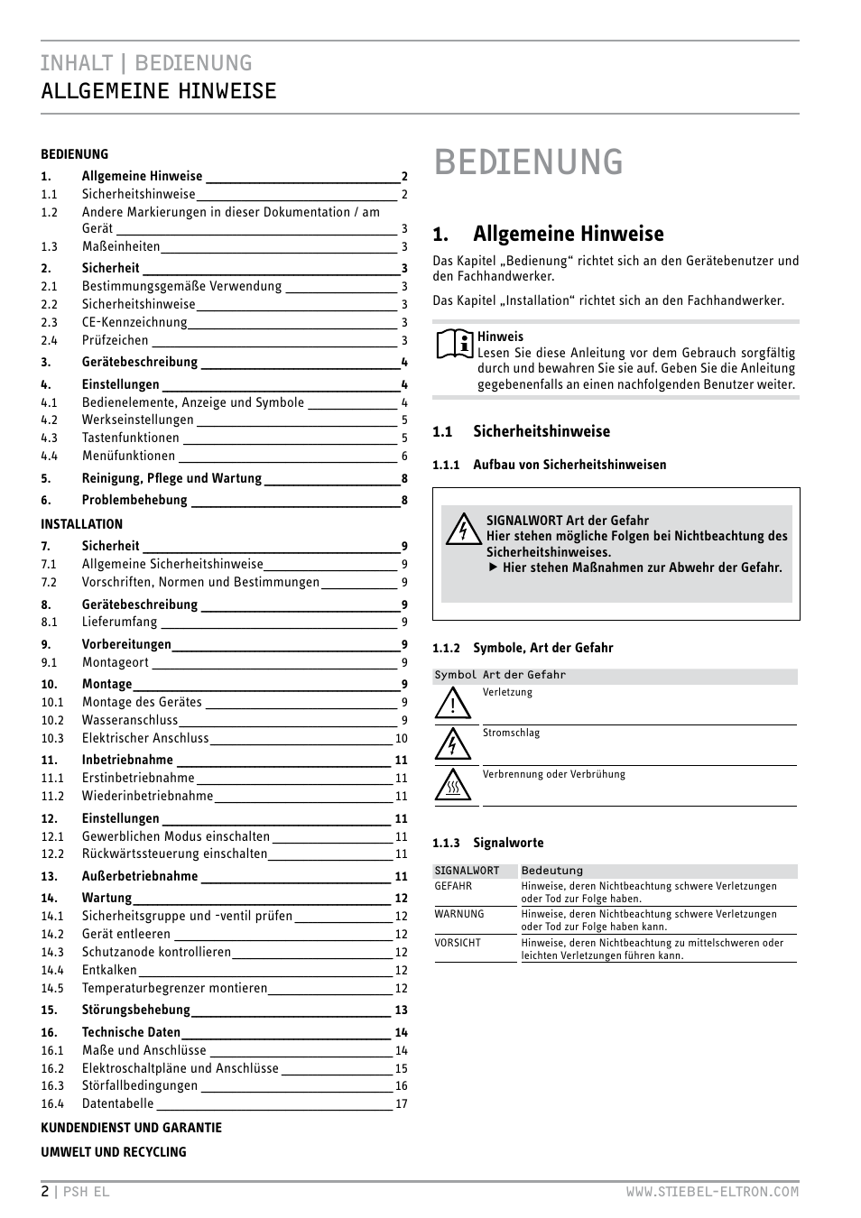 Bedienung, Inhalt | bedienung allgemeine hinweise, Allgemeine hinweise | STIEBEL ELTRON PSH EL с 05.12.2011 User Manual | Page 2 / 100