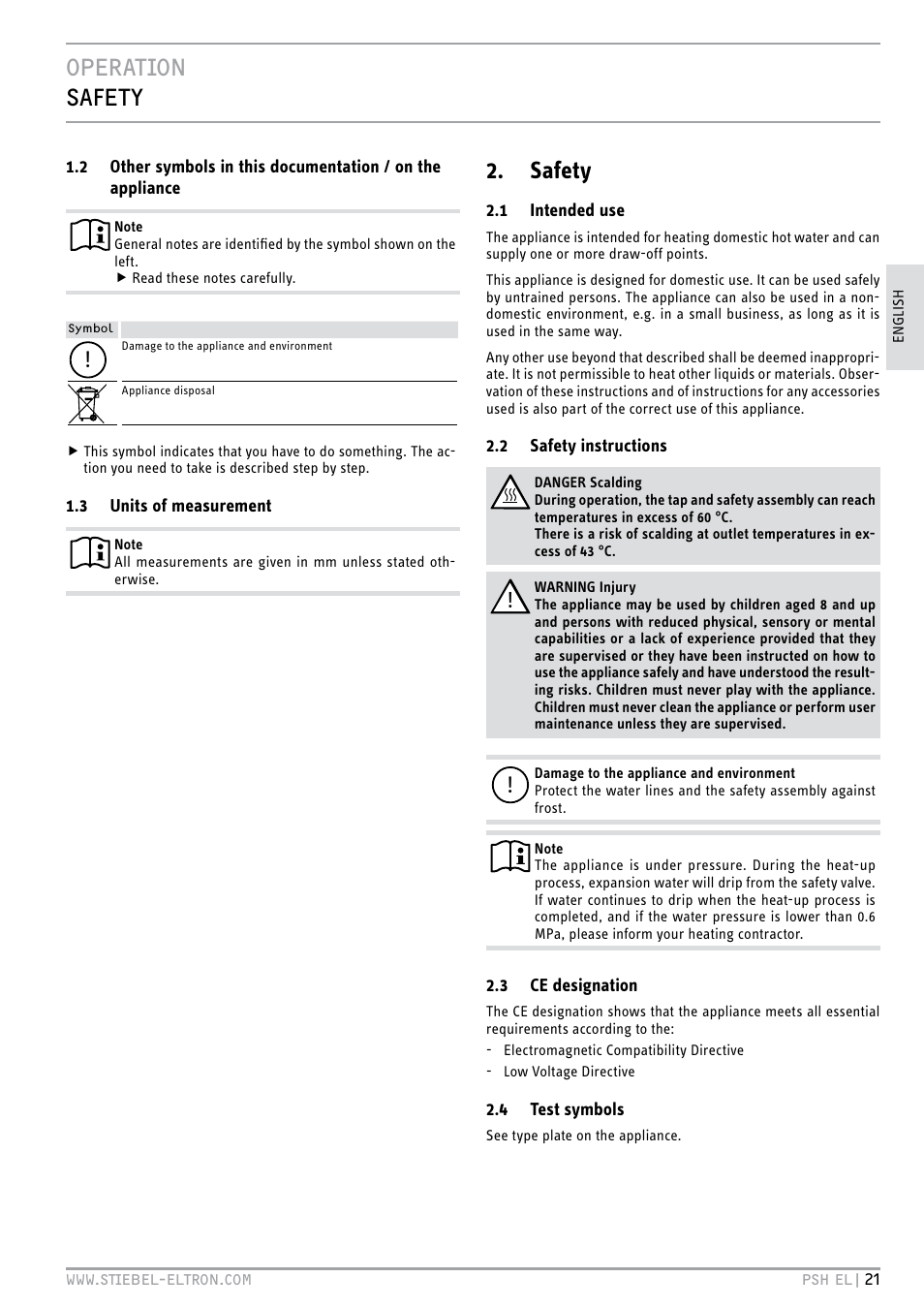 Operation safety, Safety | STIEBEL ELTRON PSH EL с 05.12.2011 User Manual | Page 21 / 100