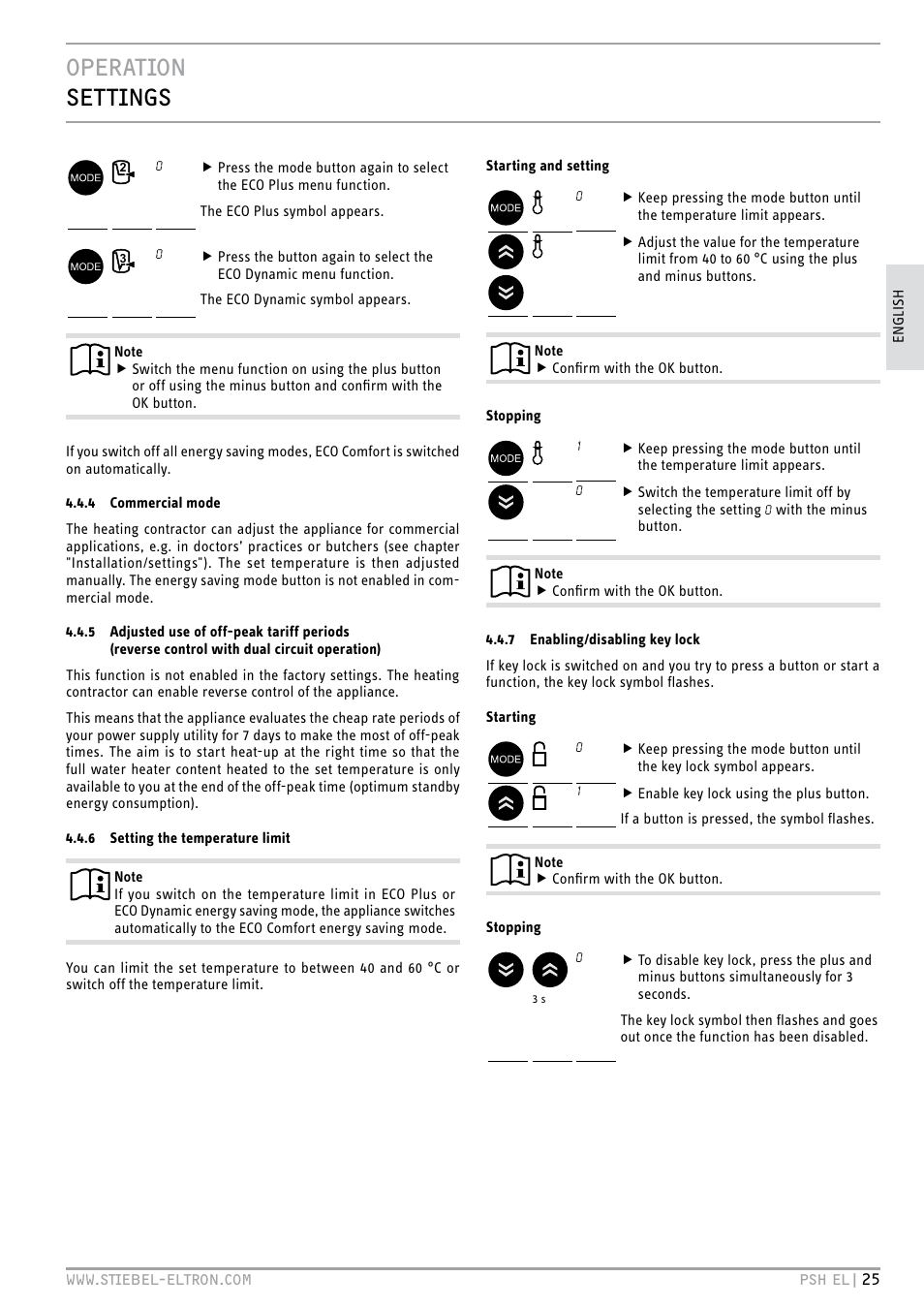 Operation settings | STIEBEL ELTRON PSH EL с 05.12.2011 User Manual | Page 25 / 100
