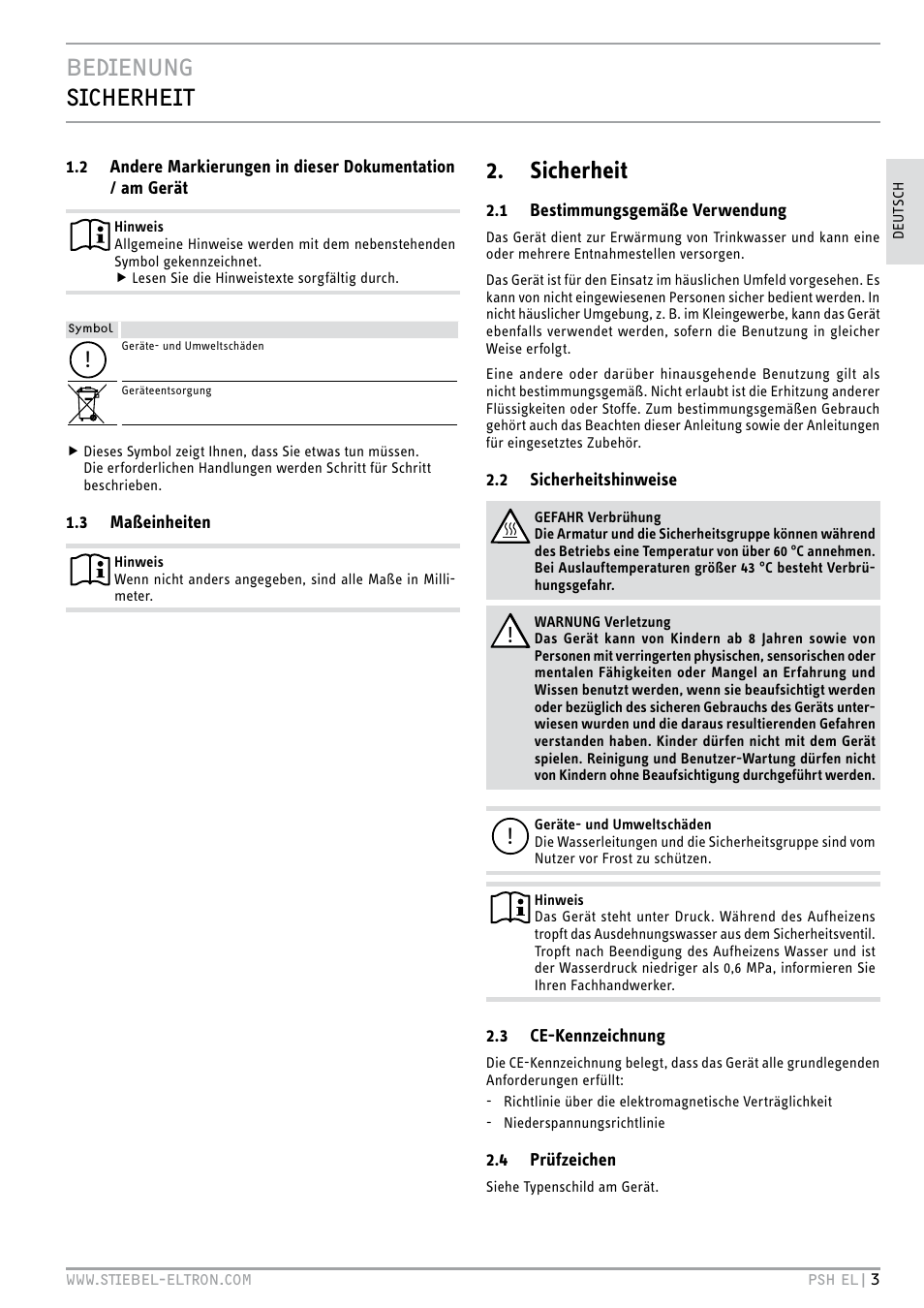 Bedienung sicherheit, Sicherheit | STIEBEL ELTRON PSH EL с 05.12.2011 User Manual | Page 3 / 100