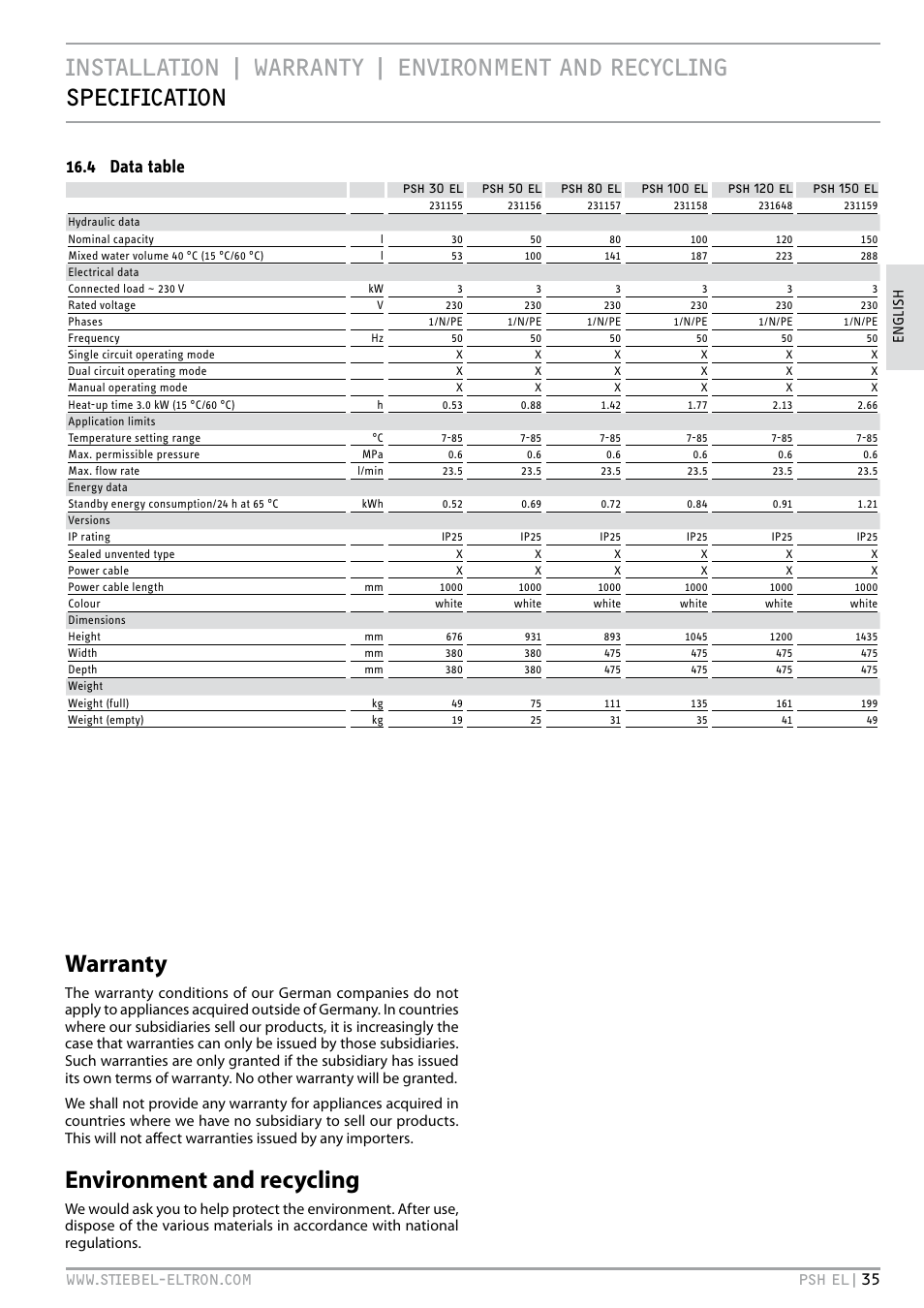 Warranty environment and recycling, Warranty, Environment and recycling | 4 data table | STIEBEL ELTRON PSH EL с 05.12.2011 User Manual | Page 35 / 100
