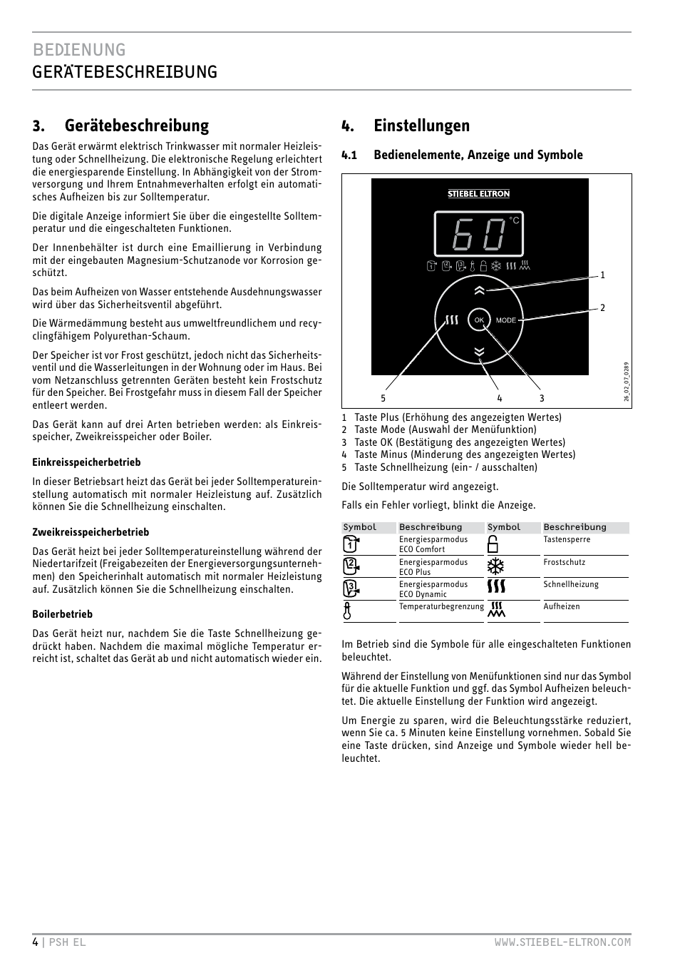 Bedienung gerätebeschreibung, Gerätebeschreibung, Einstellungen | 1 bedienelemente, anzeige und symbole | STIEBEL ELTRON PSH EL с 05.12.2011 User Manual | Page 4 / 100