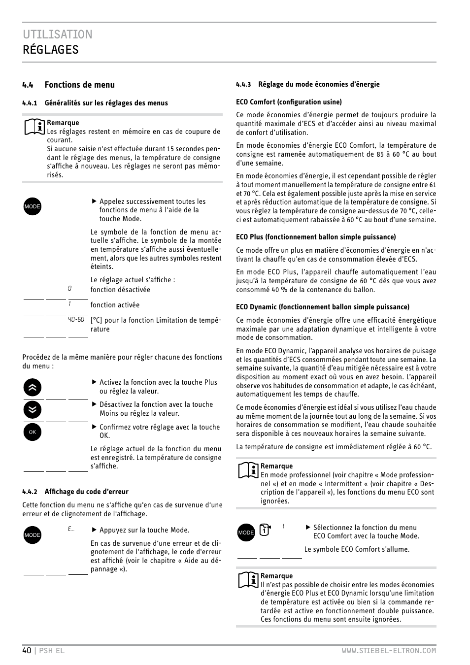 Utilisation réglages, 4 fonctions de menu | STIEBEL ELTRON PSH EL с 05.12.2011 User Manual | Page 40 / 100