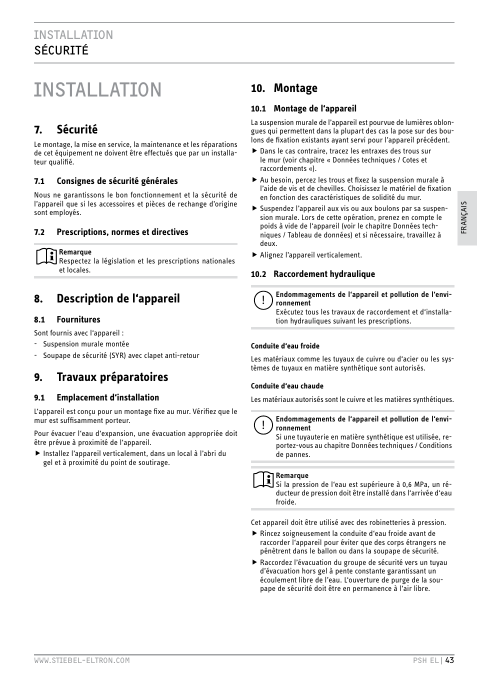 Installation, Installation sécurité, Sécurité | Description de l‘appareil, Travaux préparatoires, Montage | STIEBEL ELTRON PSH EL с 05.12.2011 User Manual | Page 43 / 100