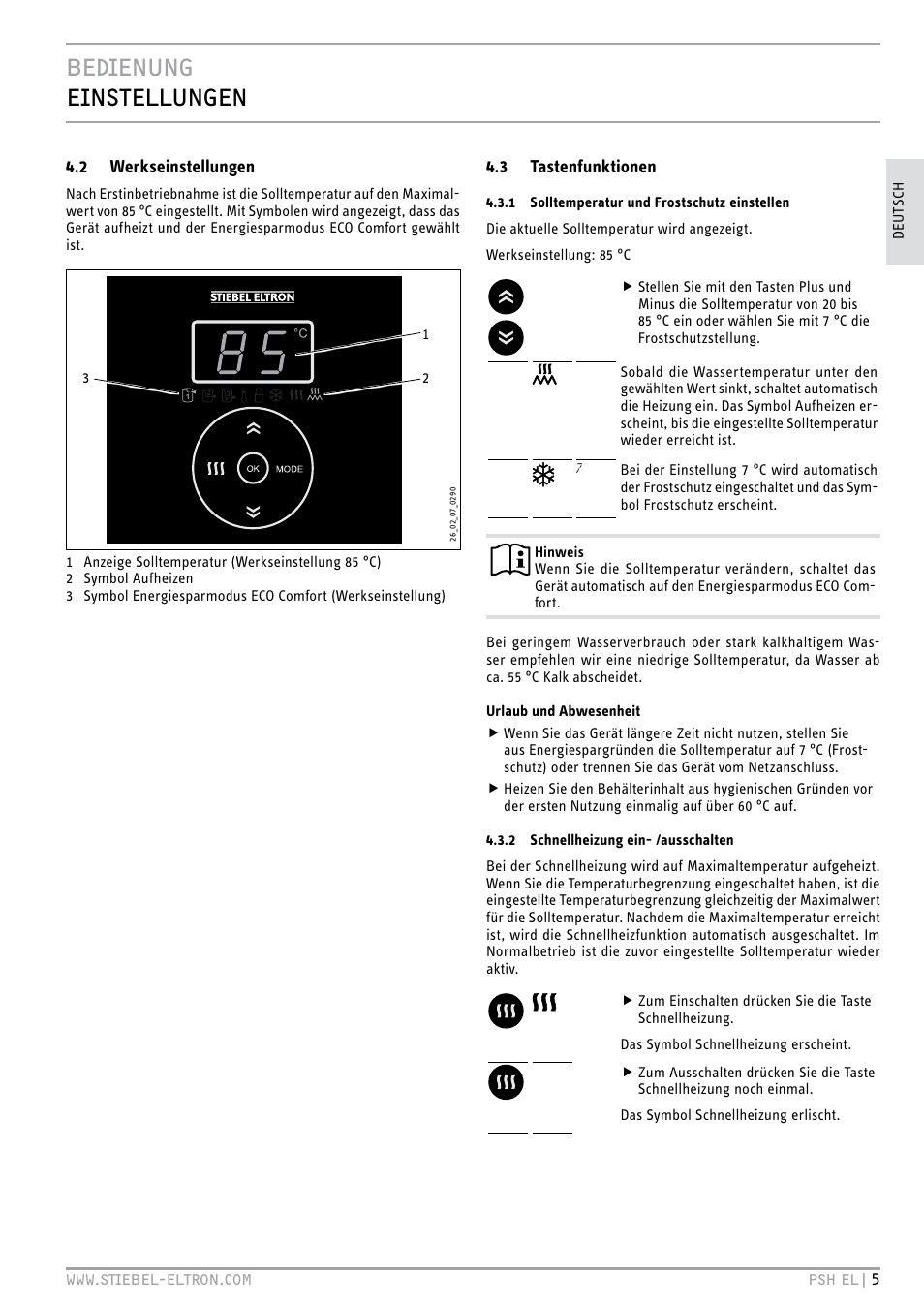 Bedienung einstellungen, 2 werkseinstellungen, 3 tastenfunktionen | STIEBEL ELTRON PSH EL с 05.12.2011 User Manual | Page 5 / 100