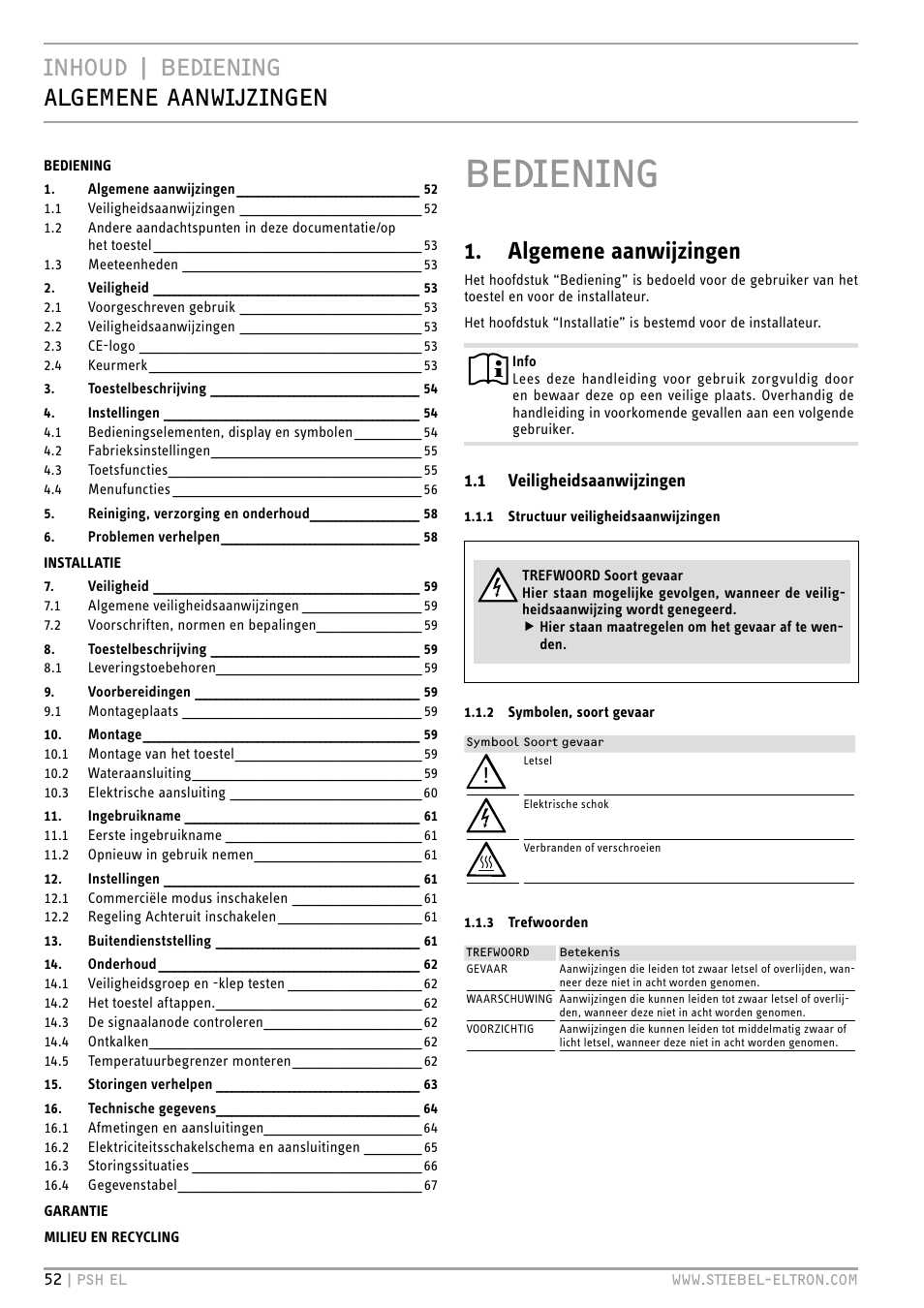 Bediening, Inhoud | bediening algemene aanwijzingen, Algemene aanwijzingen | STIEBEL ELTRON PSH EL с 05.12.2011 User Manual | Page 52 / 100