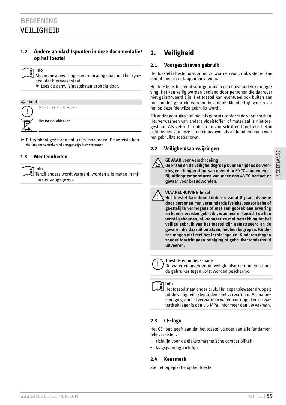 Bediening veiligheid, Veiligheid | STIEBEL ELTRON PSH EL с 05.12.2011 User Manual | Page 53 / 100