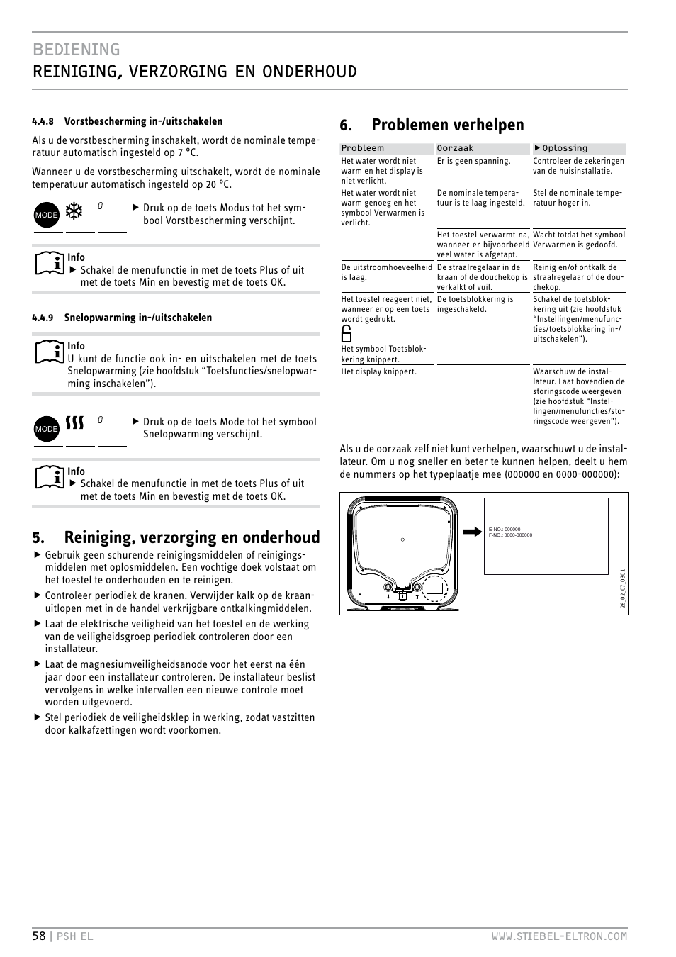 Bediening reiniging, verzorging en onderhoud, Reiniging, verzorging en onderhoud, Problemen verhelpen | STIEBEL ELTRON PSH EL с 05.12.2011 User Manual | Page 58 / 100