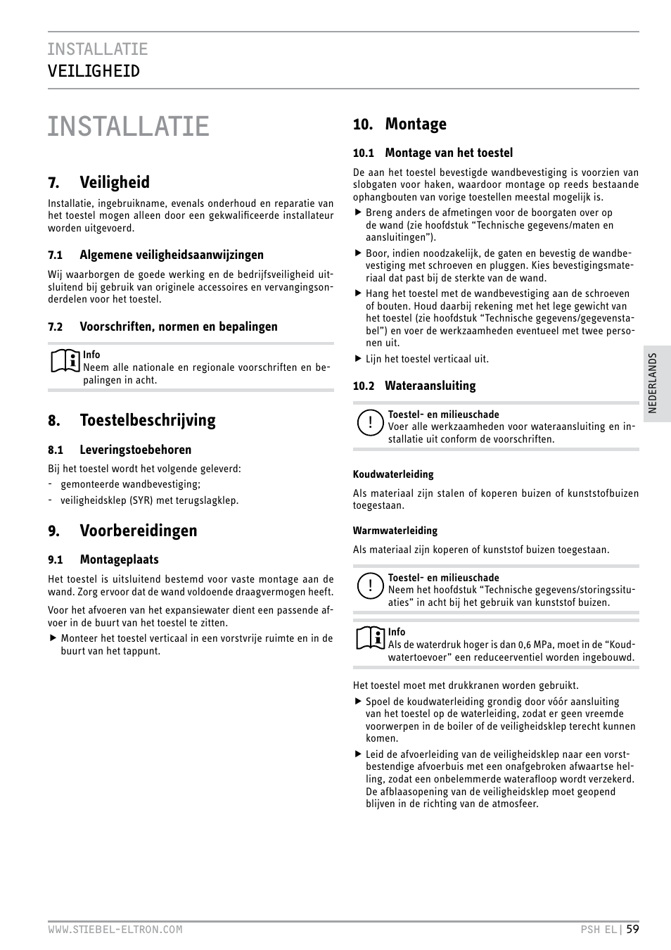 Installatie, Installatie veiligheid, Veiligheid | Toestelbeschrijving, Voorbereidingen, Montage | STIEBEL ELTRON PSH EL с 05.12.2011 User Manual | Page 59 / 100