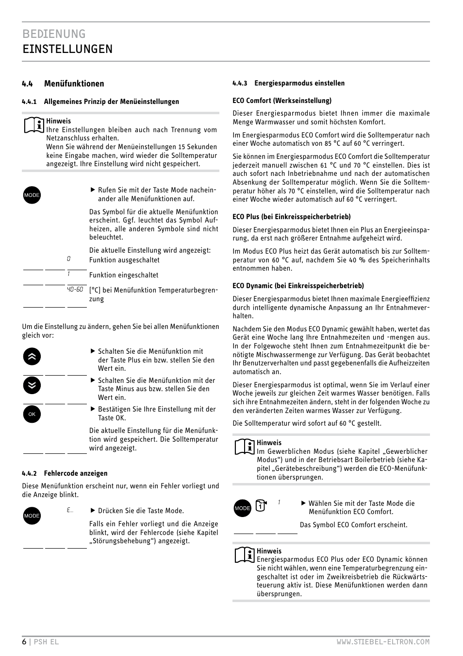 Bedienung einstellungen, 4 menüfunktionen | STIEBEL ELTRON PSH EL с 05.12.2011 User Manual | Page 6 / 100