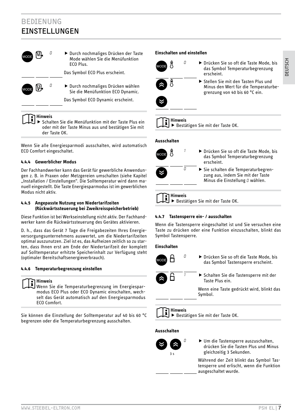 Bedienung einstellungen | STIEBEL ELTRON PSH EL с 05.12.2011 User Manual | Page 7 / 100