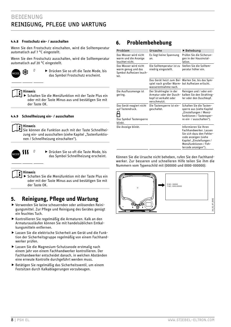 Bedienung reinigung, pflege und wartung, Reinigung, pflege und wartung, Problembehebung | STIEBEL ELTRON PSH EL с 05.12.2011 User Manual | Page 8 / 100