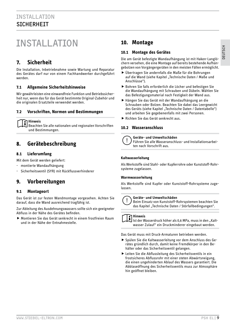 Installation, Installation sicherheit, Sicherheit | Gerätebeschreibung, Vorbereitungen, Montage | STIEBEL ELTRON PSH EL с 05.12.2011 User Manual | Page 9 / 100