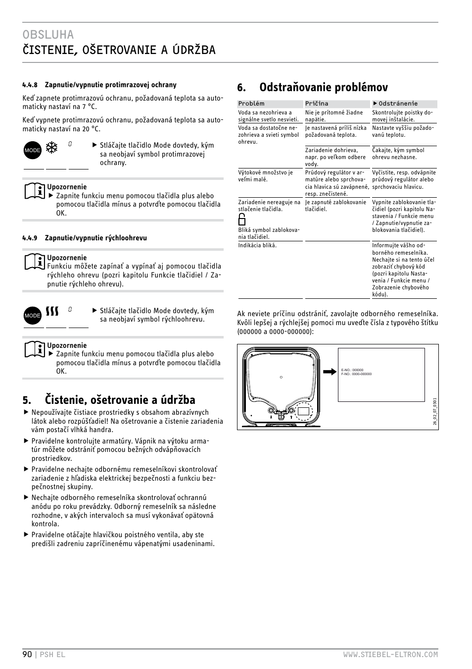 Obsluha čistenie, ošetrovanie a údržba, Čistenie, ošetrovanie a údržba, Odstraňovanie problémov | STIEBEL ELTRON PSH EL с 05.12.2011 User Manual | Page 90 / 100
