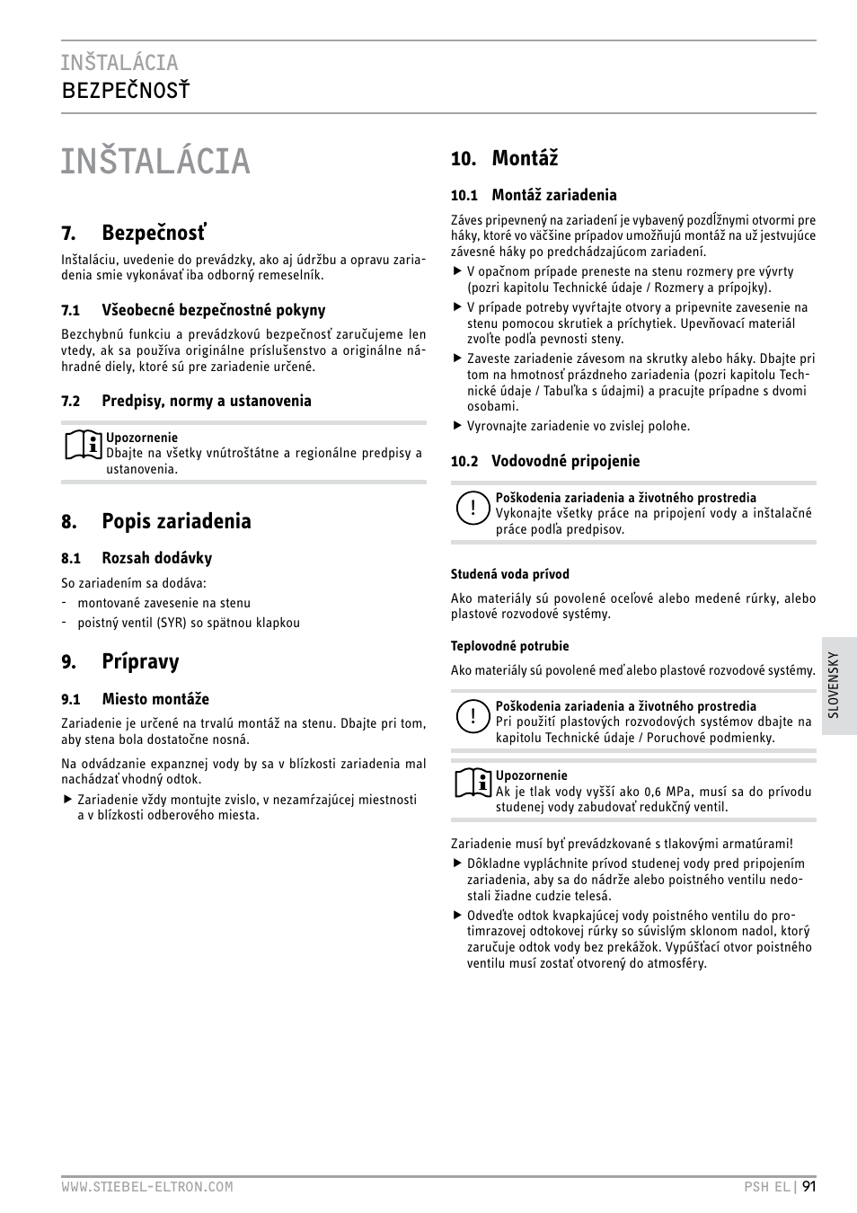 Inštalácia, Inštalácia bezpečnosť, Bezpečnosť | Popis zariadenia, Prípravy, Montáž | STIEBEL ELTRON PSH EL с 05.12.2011 User Manual | Page 91 / 100