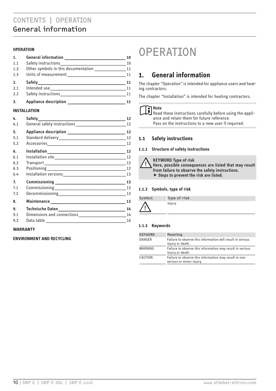 Operation, Contents | operation general information, General information | STIEBEL ELTRON SBP E с 01.10.2012 User Manual | Page 10 / 52