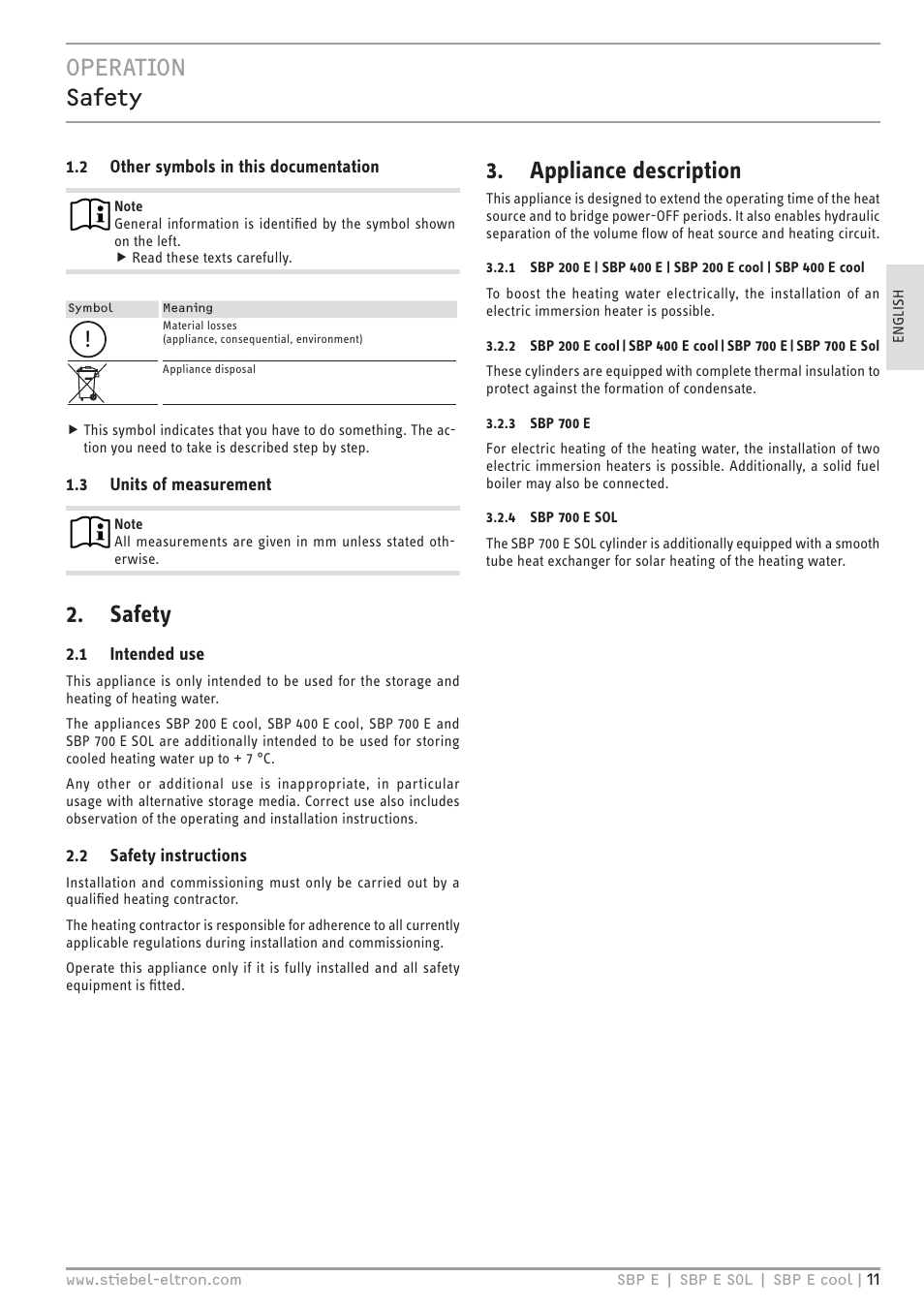 Operation safety, Safety, Appliance description | STIEBEL ELTRON SBP E с 01.10.2012 User Manual | Page 11 / 52