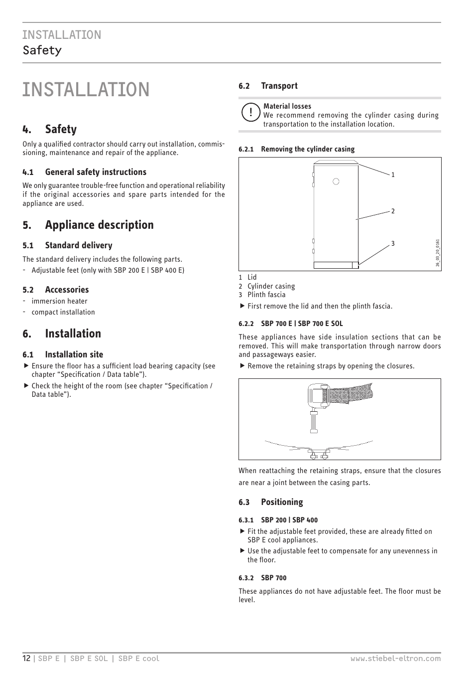 Installation, Installation safety, Safety | Appliance description | STIEBEL ELTRON SBP E с 01.10.2012 User Manual | Page 12 / 52