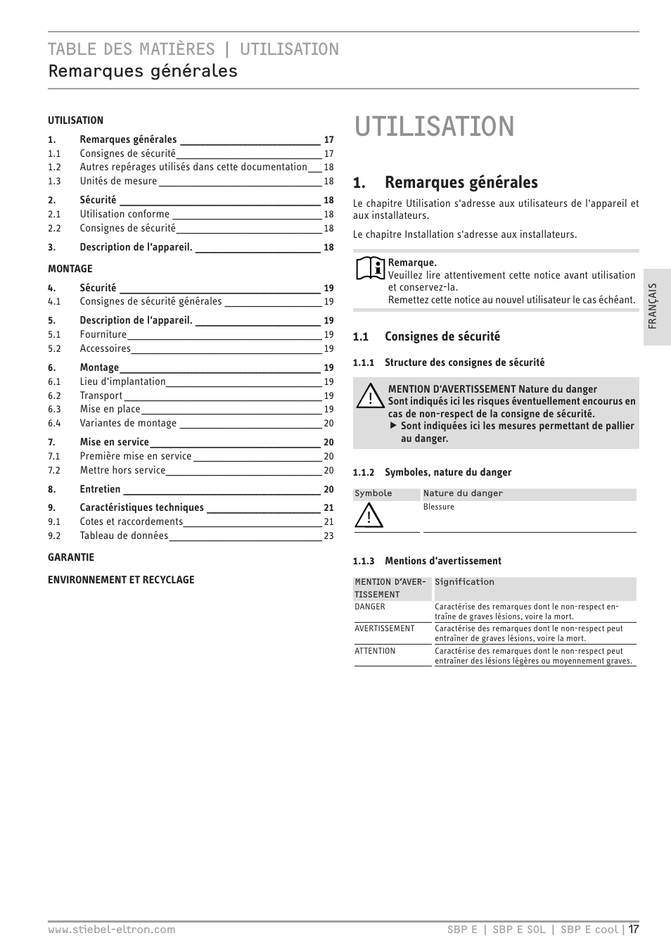 Utilisation, Remarques générales | STIEBEL ELTRON SBP E с 01.10.2012 User Manual | Page 17 / 52