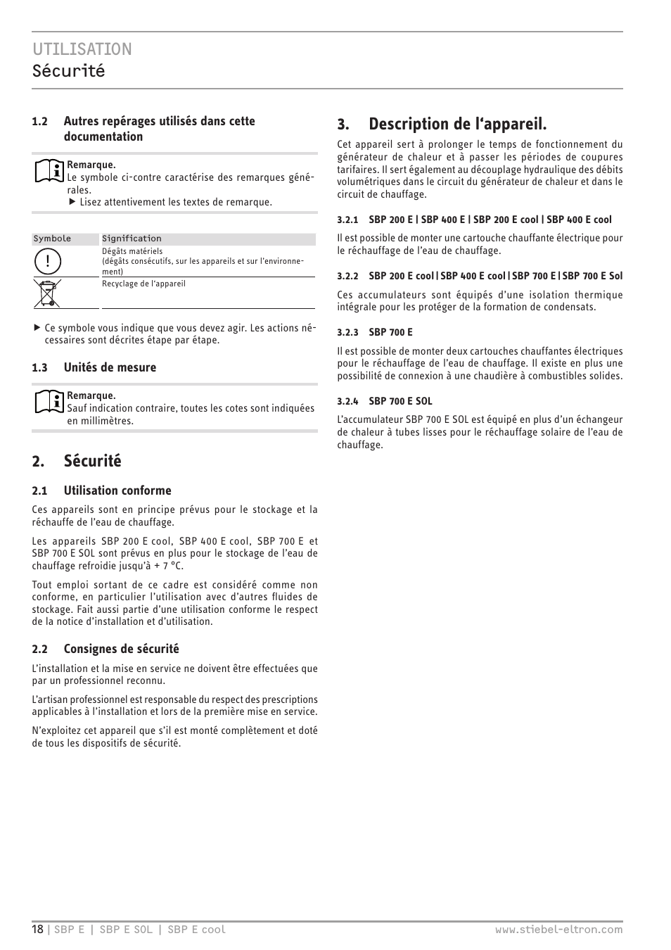 Utilisation sécurité, Sécurité, Description de l‘appareil | STIEBEL ELTRON SBP E с 01.10.2012 User Manual | Page 18 / 52