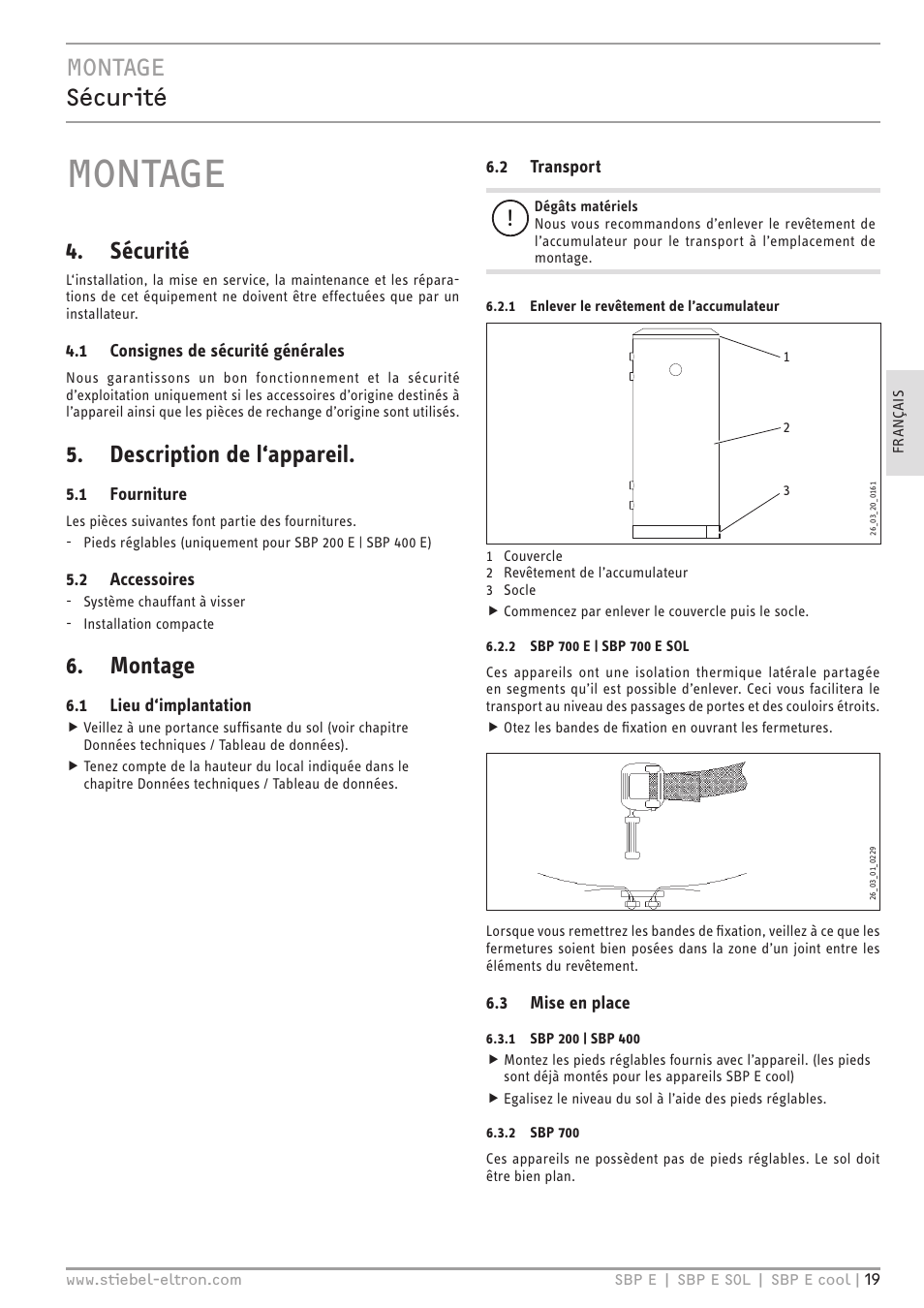 Montage, Montage sécurité, Sécurité | Description de l‘appareil | STIEBEL ELTRON SBP E с 01.10.2012 User Manual | Page 19 / 52