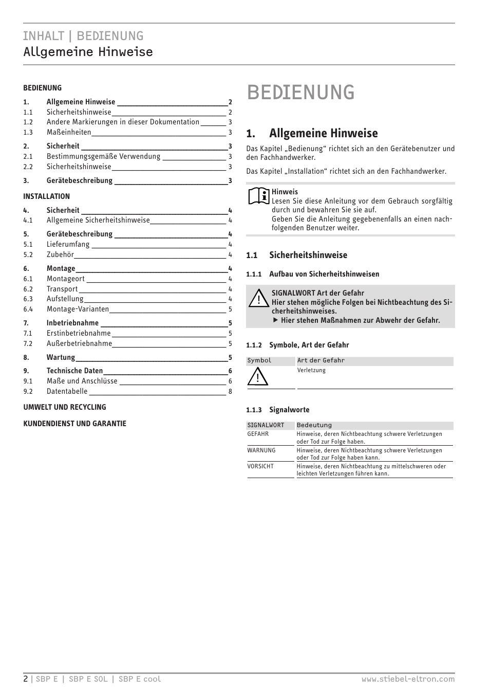 Bedienung, Inhalt | bedienung allgemeine hinweise, Allgemeine hinweise | STIEBEL ELTRON SBP E с 01.10.2012 User Manual | Page 2 / 52