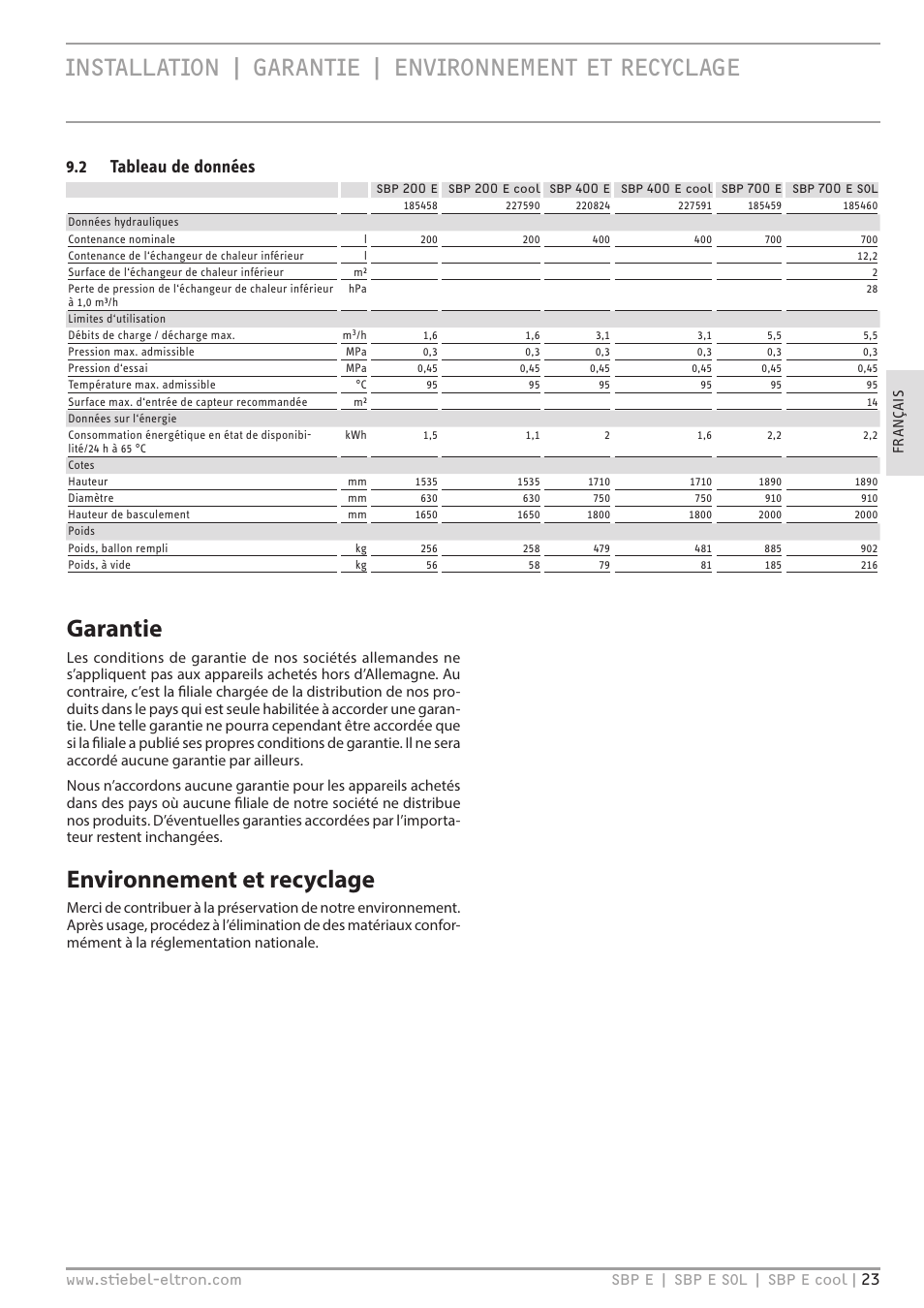 Garantie, Environnement et recyclage, 2 tableau de données | STIEBEL ELTRON SBP E с 01.10.2012 User Manual | Page 23 / 52