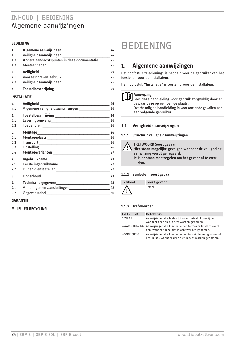 Bediening, Inhoud | bediening algemene aanwijzingen, Algemene aanwijzingen | STIEBEL ELTRON SBP E с 01.10.2012 User Manual | Page 24 / 52