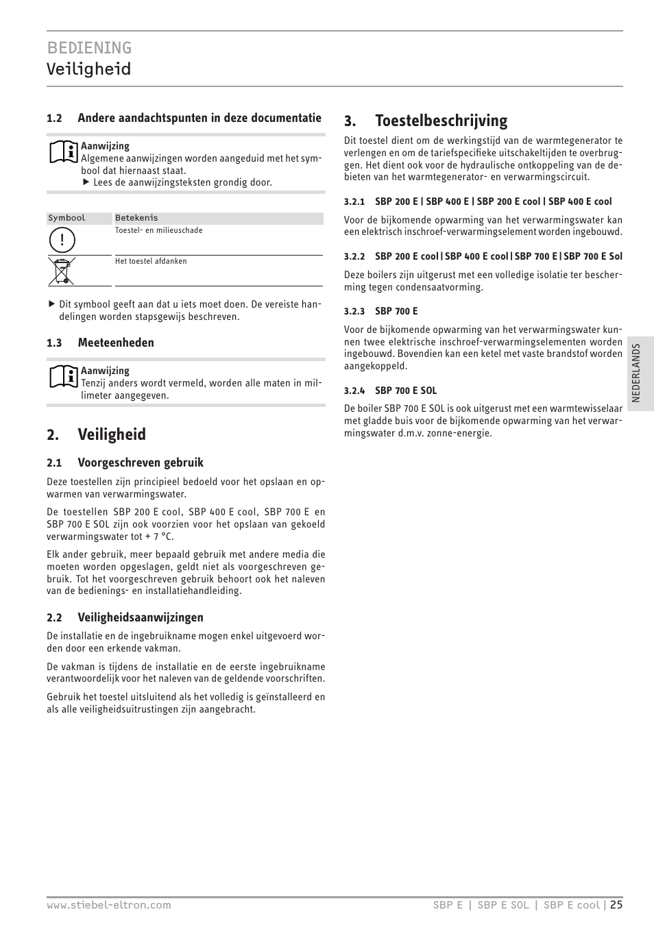 Bediening veiligheid, Veiligheid, Toestelbeschrijving | STIEBEL ELTRON SBP E с 01.10.2012 User Manual | Page 25 / 52