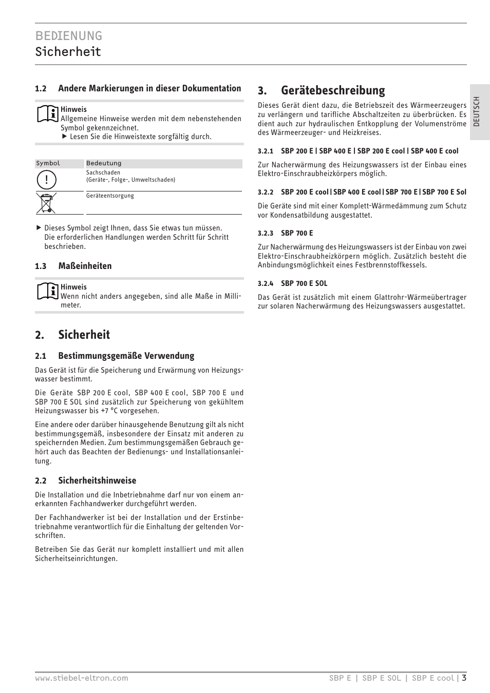 Bedienung sicherheit, Sicherheit, Gerätebeschreibung | STIEBEL ELTRON SBP E с 01.10.2012 User Manual | Page 3 / 52