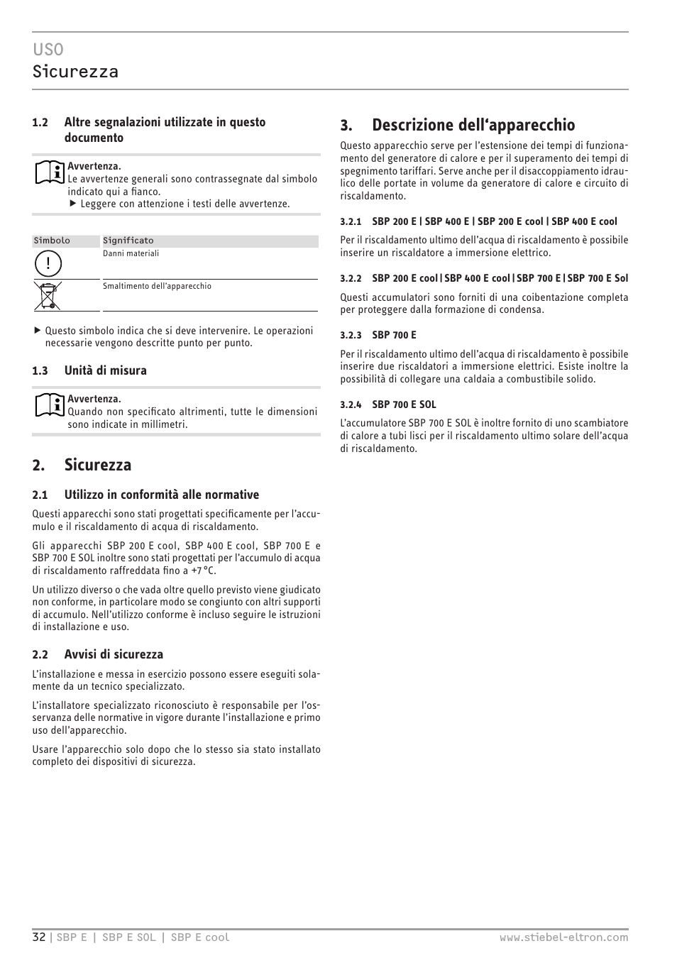 Uso sicurezza, Sicurezza, Descrizione dell‘apparecchio | STIEBEL ELTRON SBP E с 01.10.2012 User Manual | Page 32 / 52