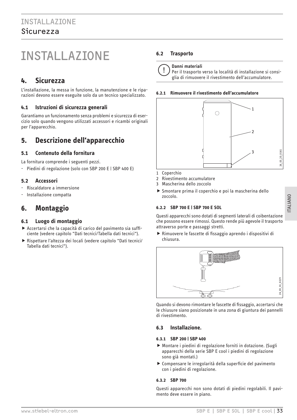 Installazione, Installazione sicurezza, Sicurezza | Descrizione dell‘apparecchio, Montaggio | STIEBEL ELTRON SBP E с 01.10.2012 User Manual | Page 33 / 52