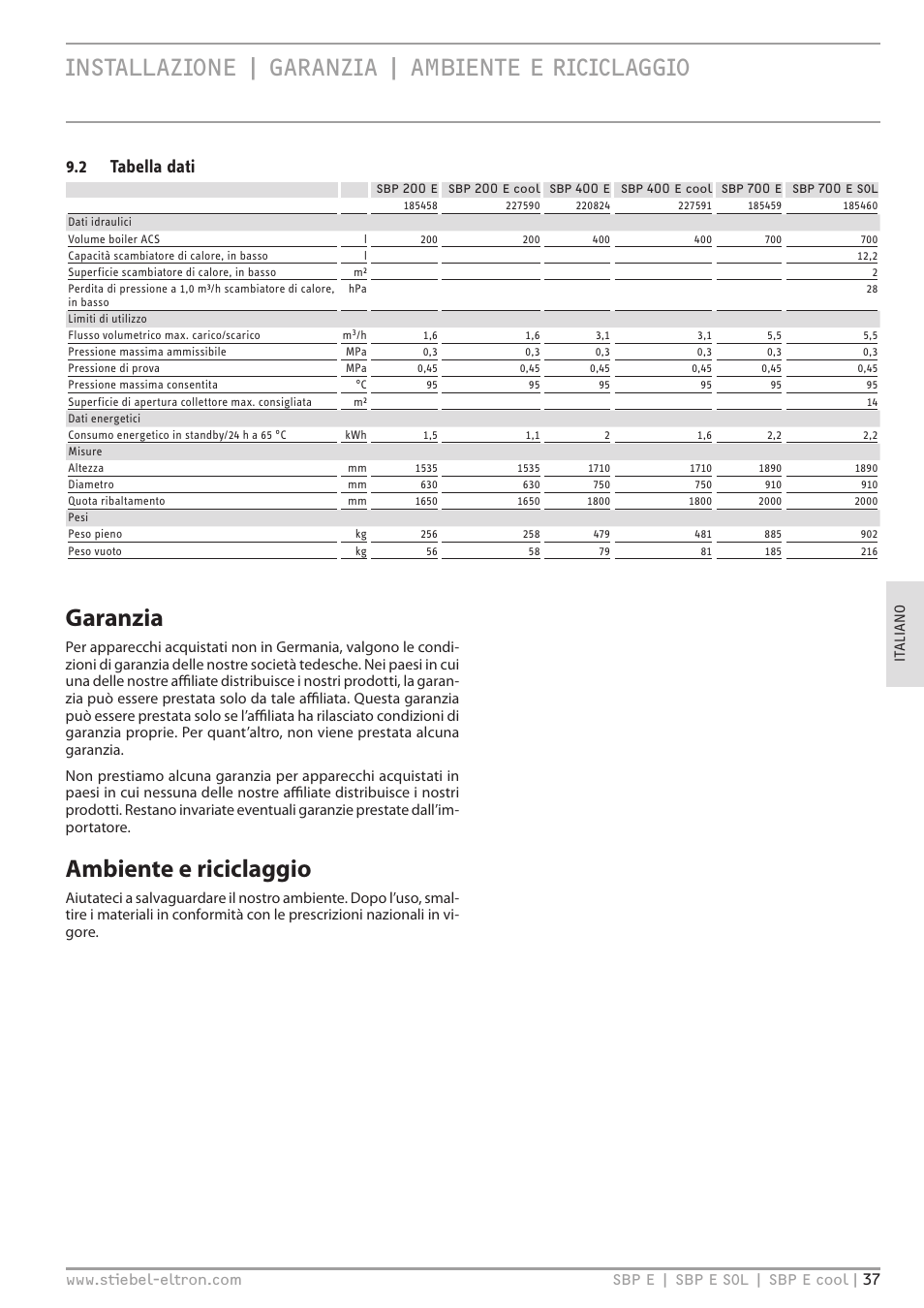 Garanzia, Ambiente e riciclaggio, Installazione | garanzia | ambiente e riciclaggio | 2 tabella dati | STIEBEL ELTRON SBP E с 01.10.2012 User Manual | Page 37 / 52