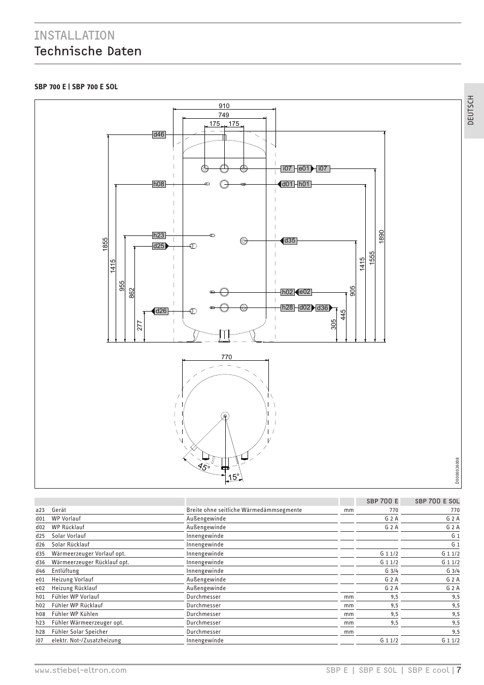 Installation technische daten | STIEBEL ELTRON SBP E с 01.10.2012 User Manual | Page 7 / 52