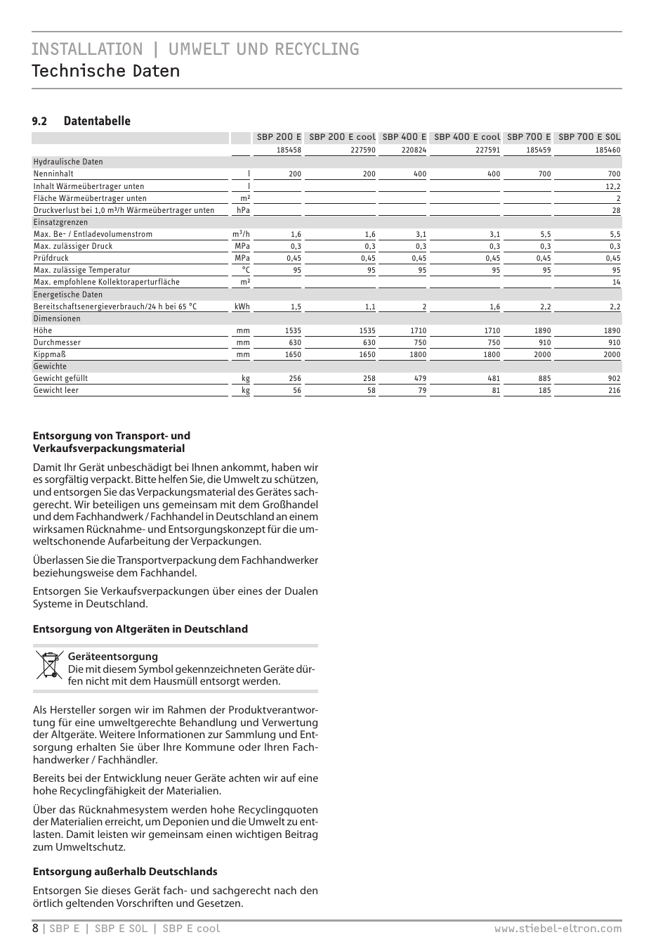 2 datentabelle | STIEBEL ELTRON SBP E с 01.10.2012 User Manual | Page 8 / 52