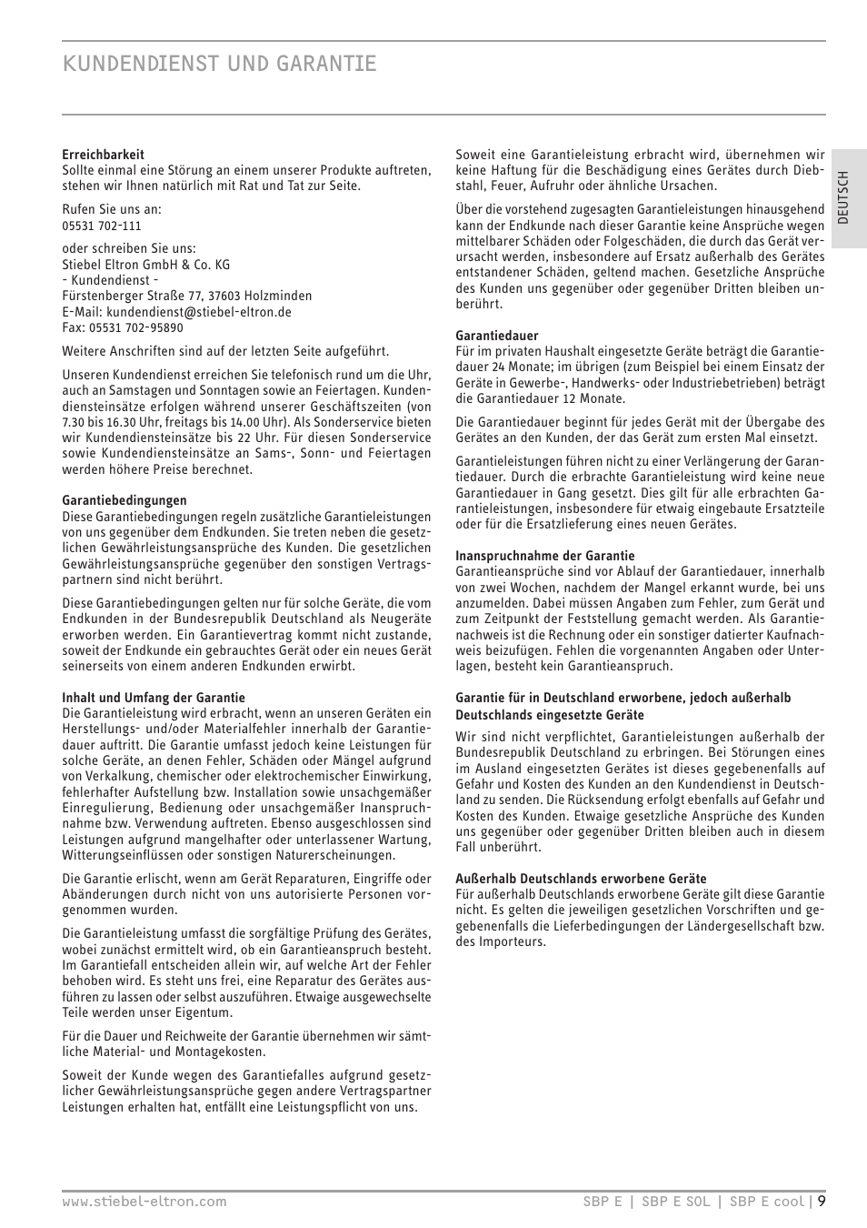 Kundendienst und garantie | STIEBEL ELTRON SBP E с 01.10.2012 User Manual | Page 9 / 52