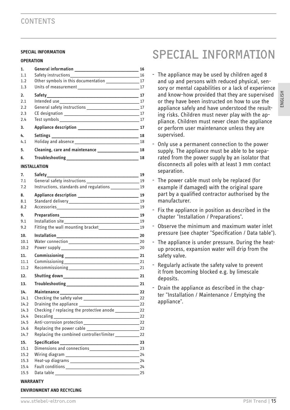 STIEBEL ELTRON psh 30 trend User Manual | Page 15 / 92