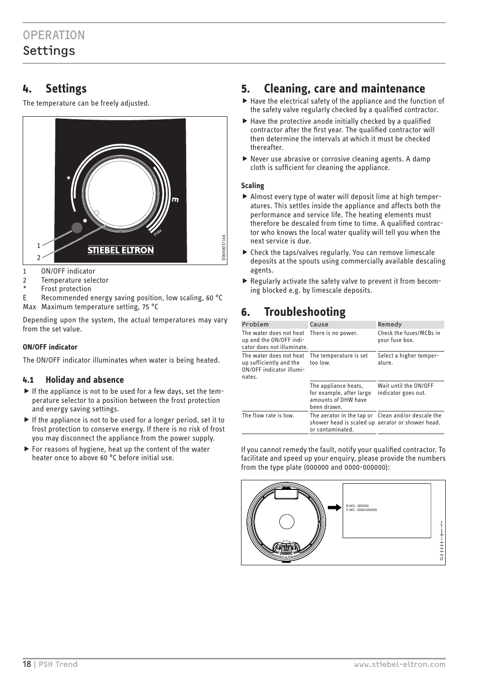 Operation settings, Settings, Cleaning, care and maintenance | Troubleshooting, 1 holiday and absence | STIEBEL ELTRON psh 30 trend User Manual | Page 18 / 92