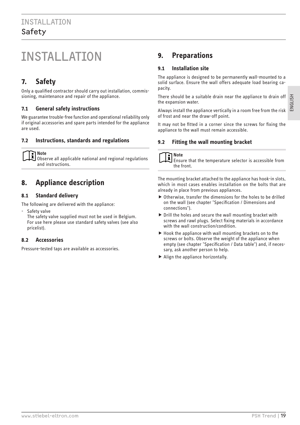 Installation, Installation safety, Safety | Appliance description, Preparations | STIEBEL ELTRON psh 30 trend User Manual | Page 19 / 92