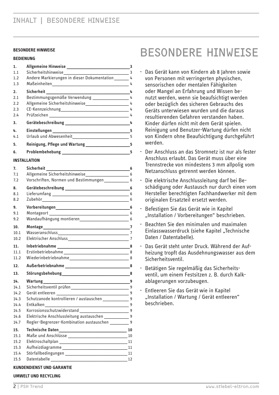 Besondere hinweise, Inhalt | besondere hinweise | STIEBEL ELTRON psh 30 trend User Manual | Page 2 / 92