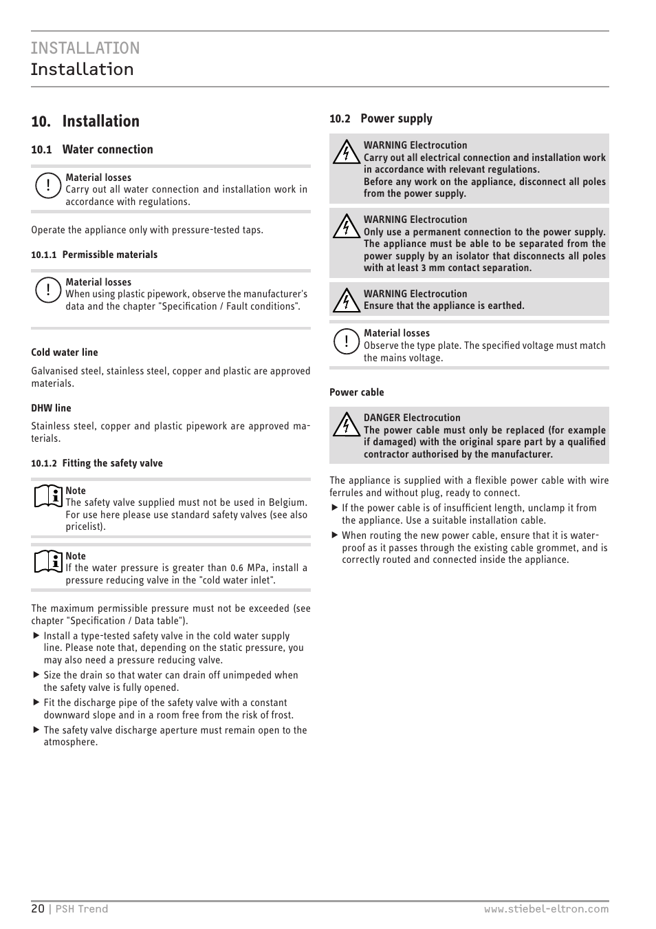 Installation installation 10. installation | STIEBEL ELTRON psh 30 trend User Manual | Page 20 / 92