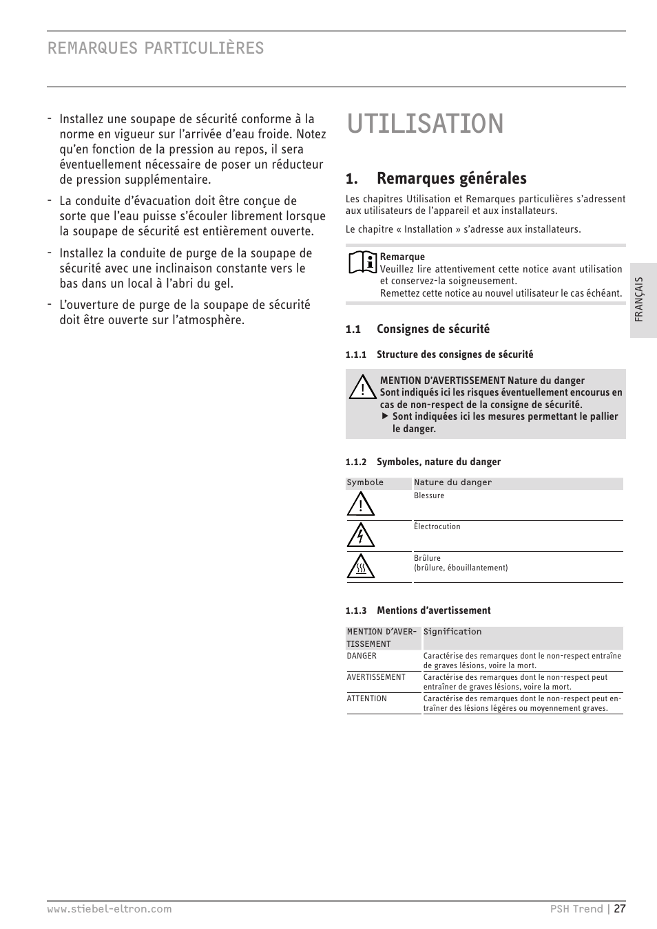 Utilisation, Remarques particulières, Remarques générales | STIEBEL ELTRON psh 30 trend User Manual | Page 27 / 92