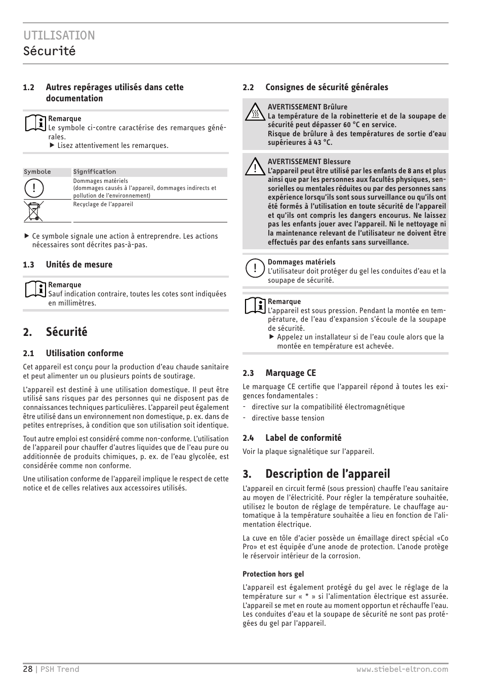 Utilisation sécurité, Sécurité, Description de l’appareil | STIEBEL ELTRON psh 30 trend User Manual | Page 28 / 92