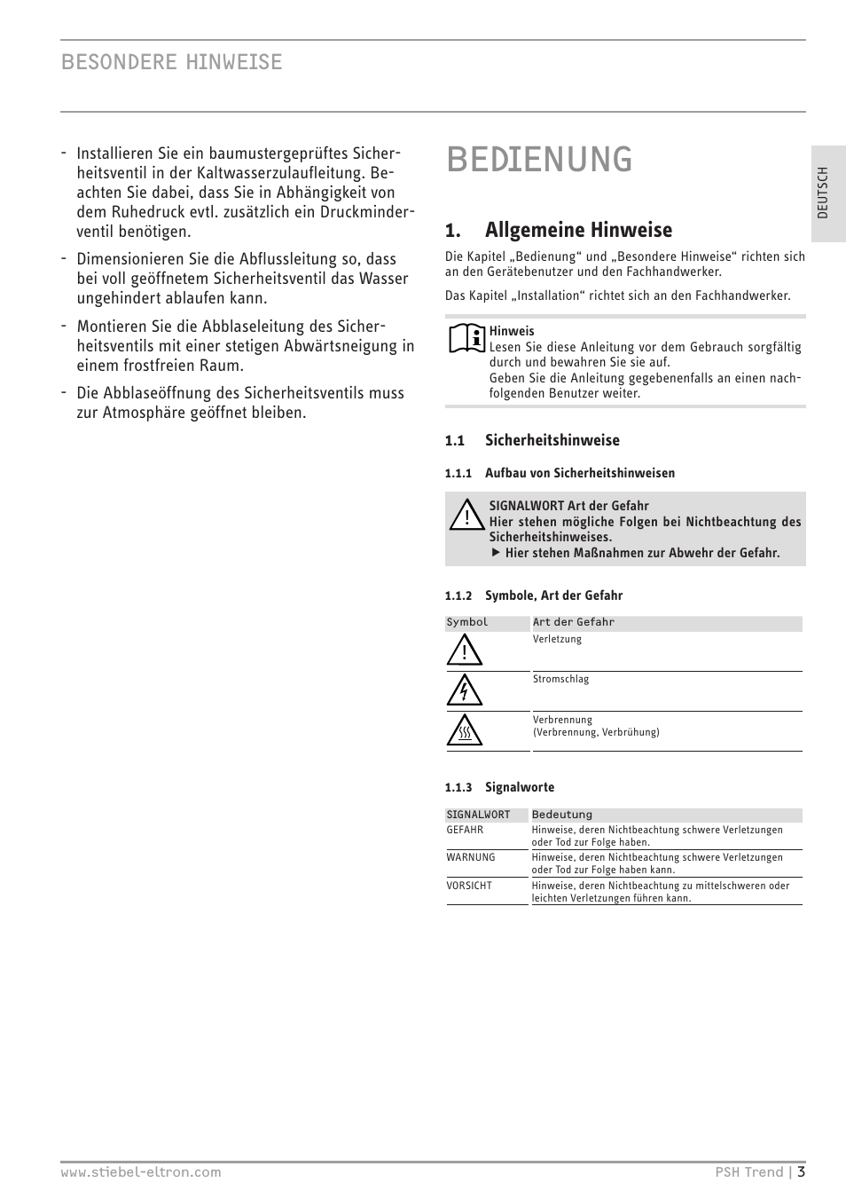 Bedienung, Besondere hinweise, Allgemeine hinweise | STIEBEL ELTRON psh 30 trend User Manual | Page 3 / 92