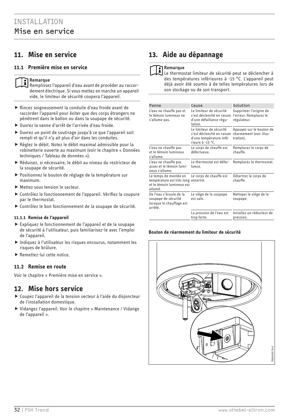 Installation mise en service 11. mise en service, Mise hors service, Aide au dépannage | 1 première mise en service, 2 remise en route | STIEBEL ELTRON psh 30 trend User Manual | Page 32 / 92