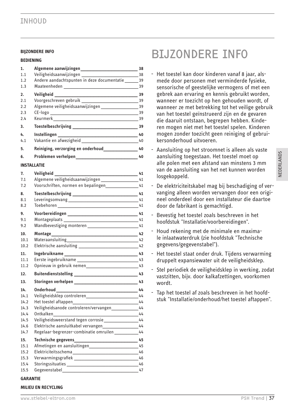 Bijzondere info, Inhoud | STIEBEL ELTRON psh 30 trend User Manual | Page 37 / 92