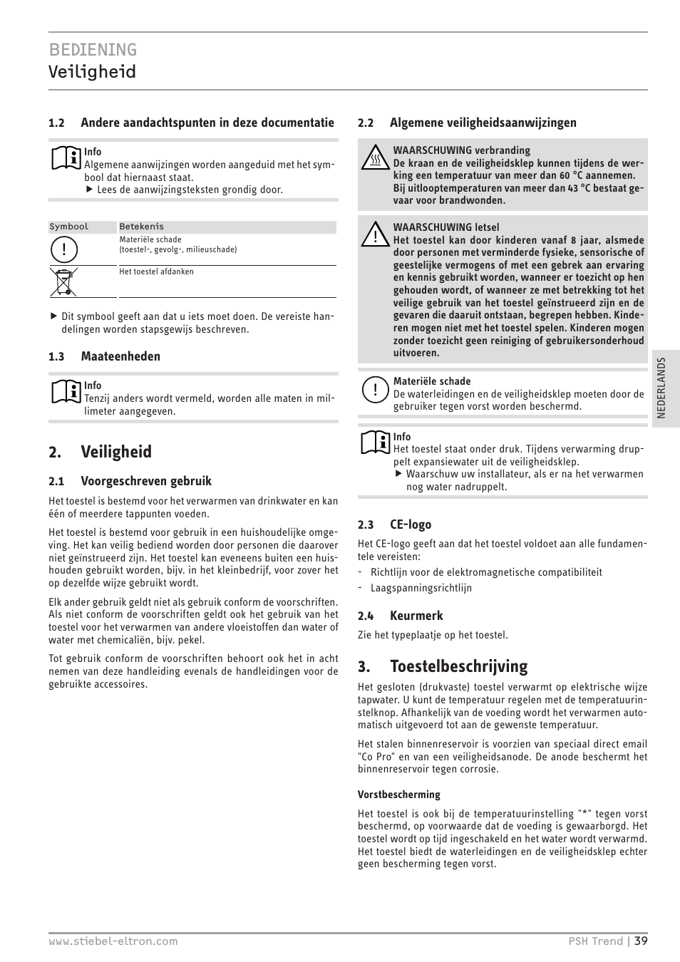 Bediening veiligheid, Veiligheid, Toestelbeschrijving | STIEBEL ELTRON psh 30 trend User Manual | Page 39 / 92