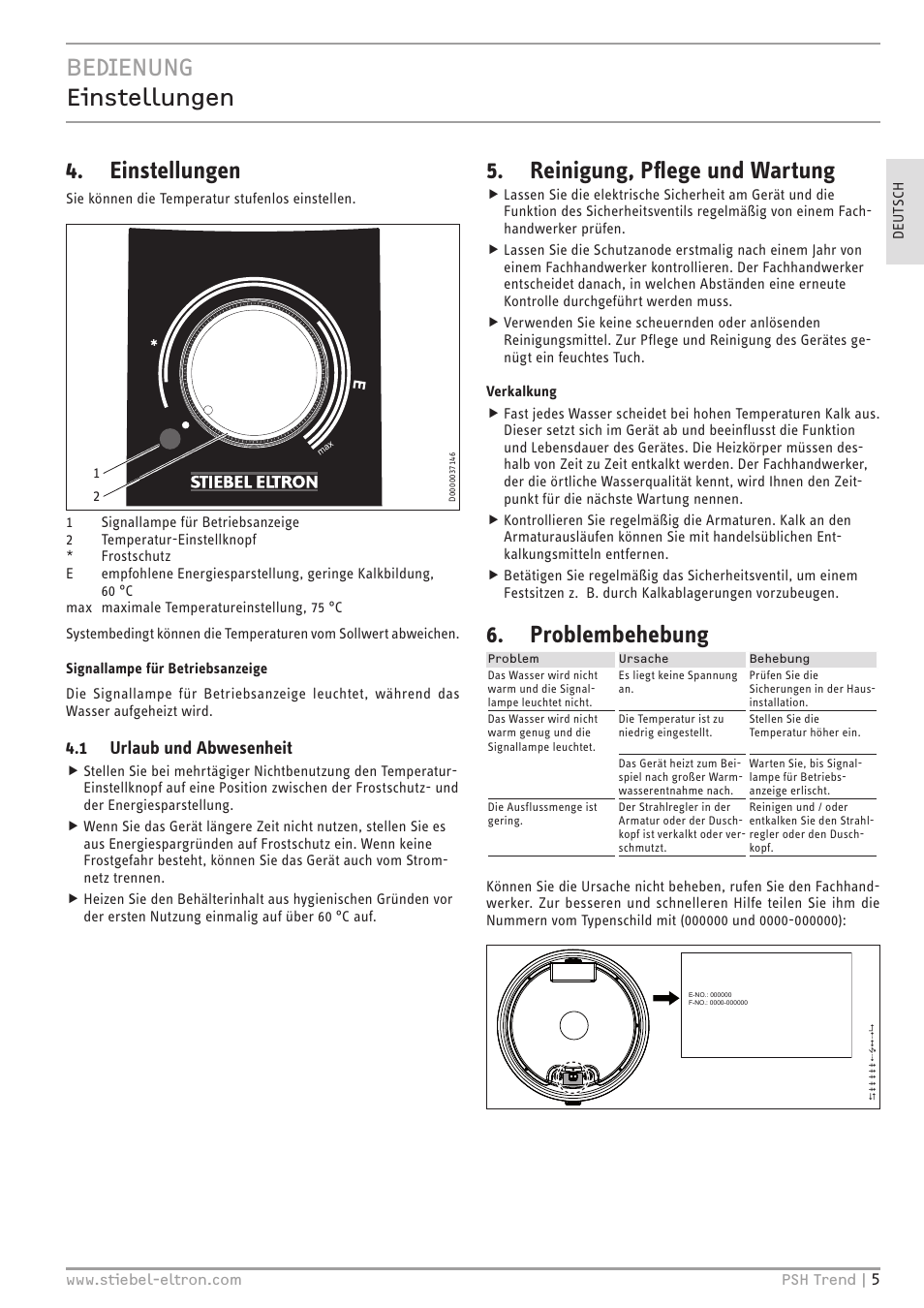 Bedienung einstellungen, Einstellungen, Reinigung, pflege und wartung | Problembehebung, 1 urlaub und abwesenheit | STIEBEL ELTRON psh 30 trend User Manual | Page 5 / 92