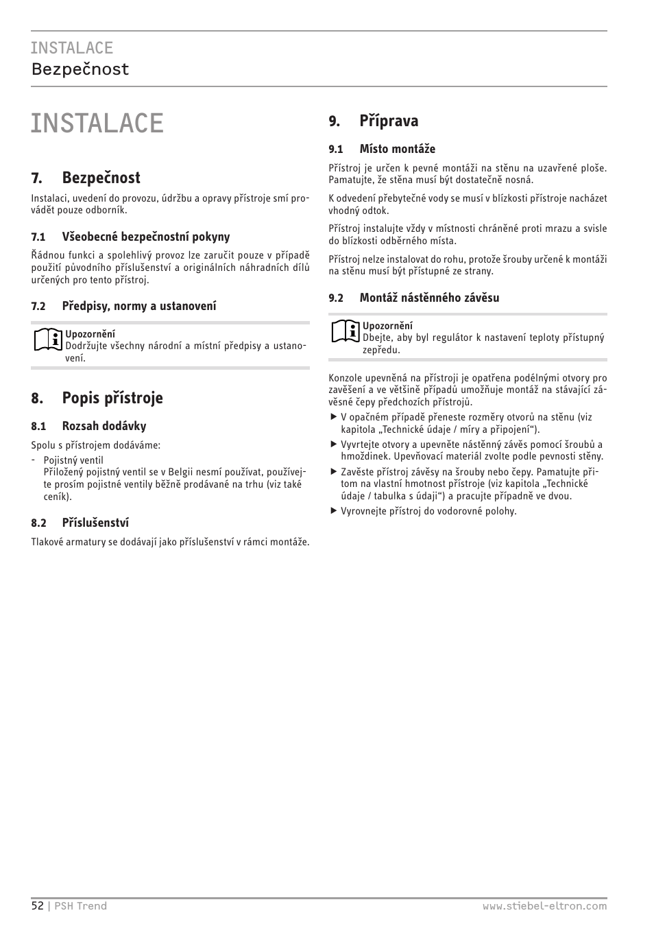 Instalace, Instalace bezpečnost, Bezpečnost | Popis přístroje, Příprava | STIEBEL ELTRON psh 30 trend User Manual | Page 52 / 92